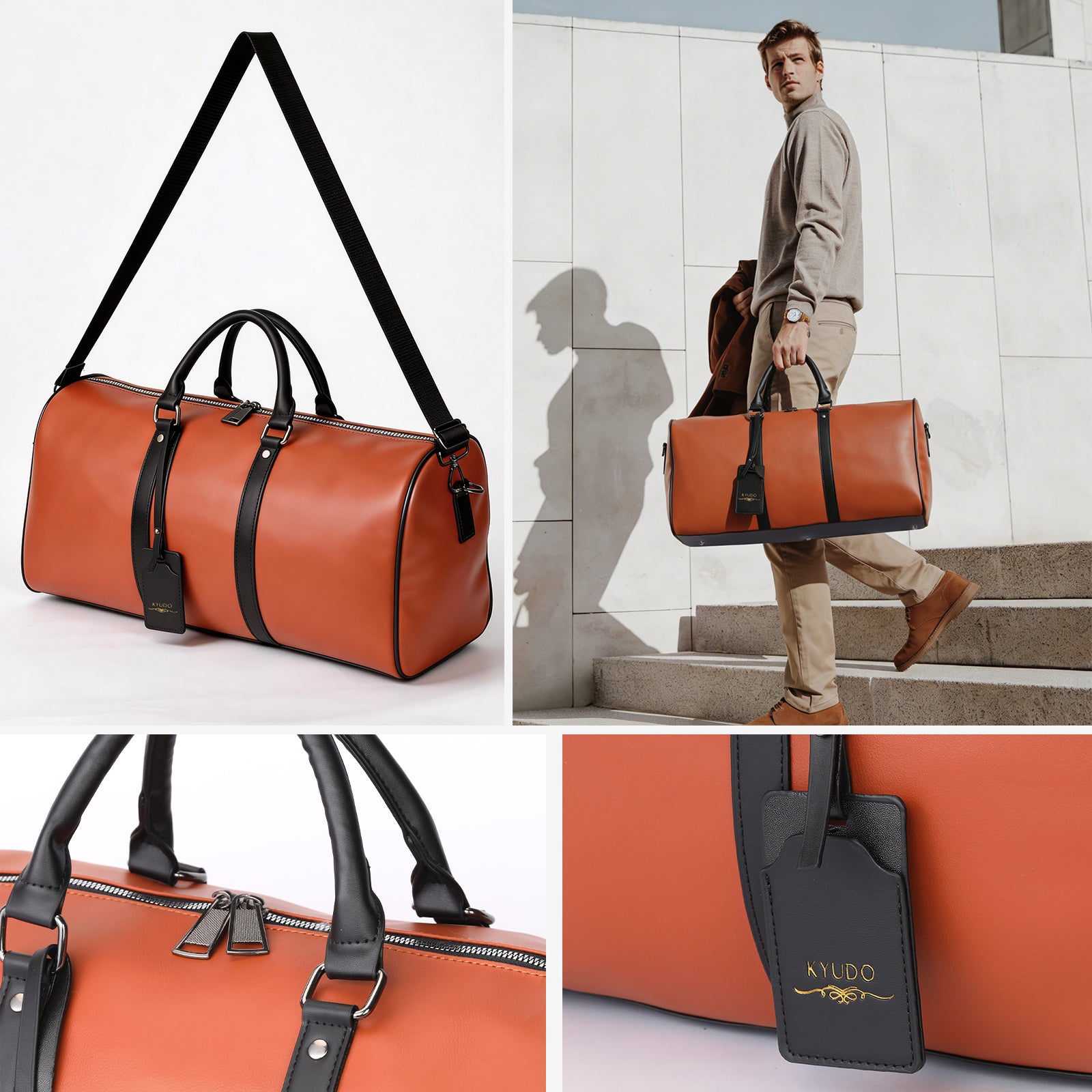 Kyudo Cognac Luxury Duffel Bag – Waterproof PU Leather Travel & Gym Bag