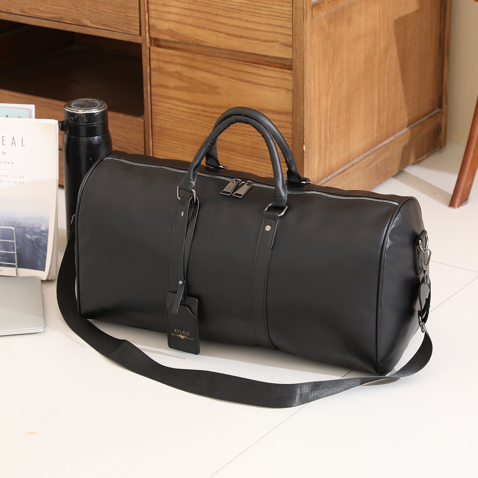 Kyudo Midnight Black Barrel Duffel Bag – Waterproof PU Leather Travel & Gym Bag