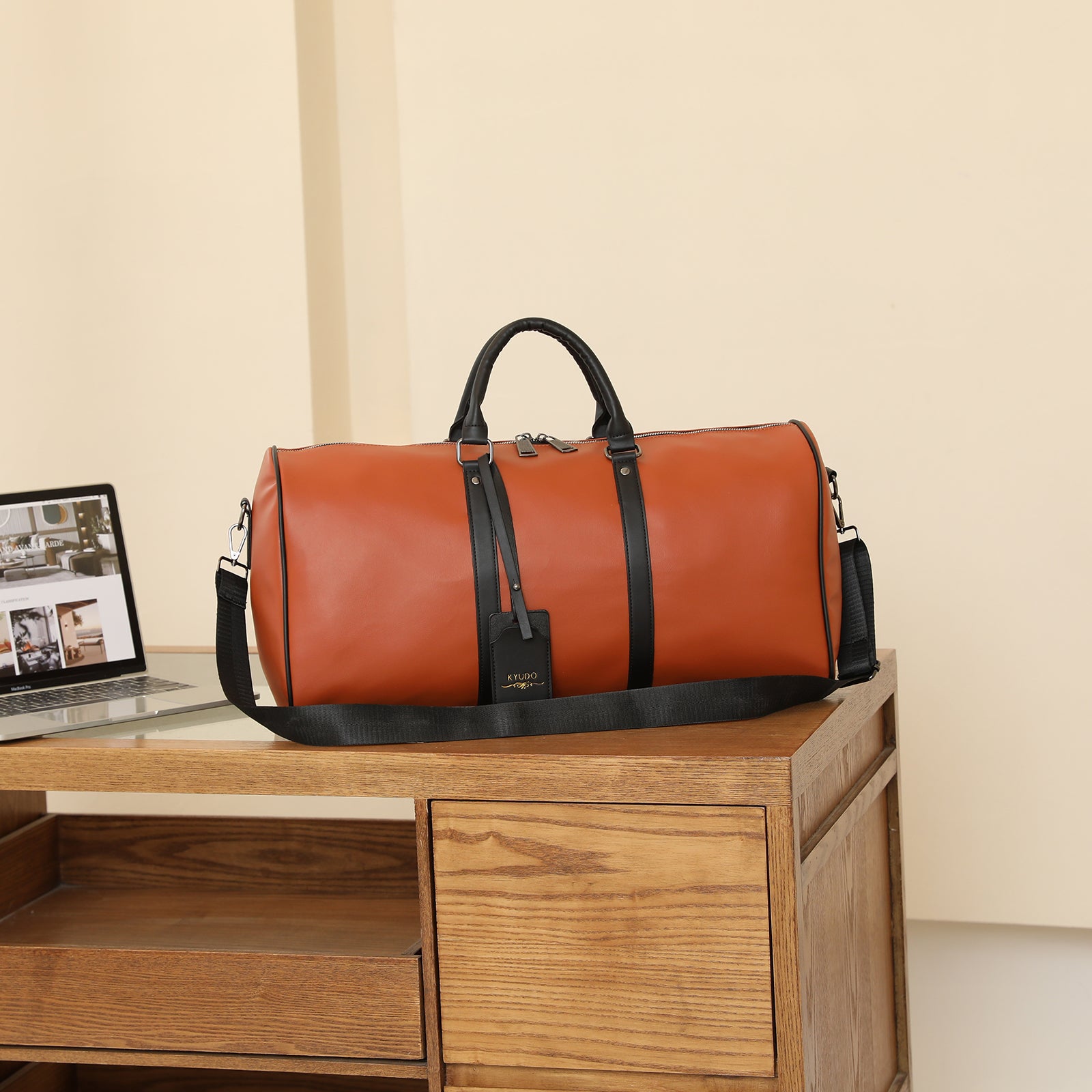 Kyudo Cognac Luxury Duffel Bag – Waterproof PU Leather Travel & Gym Bag