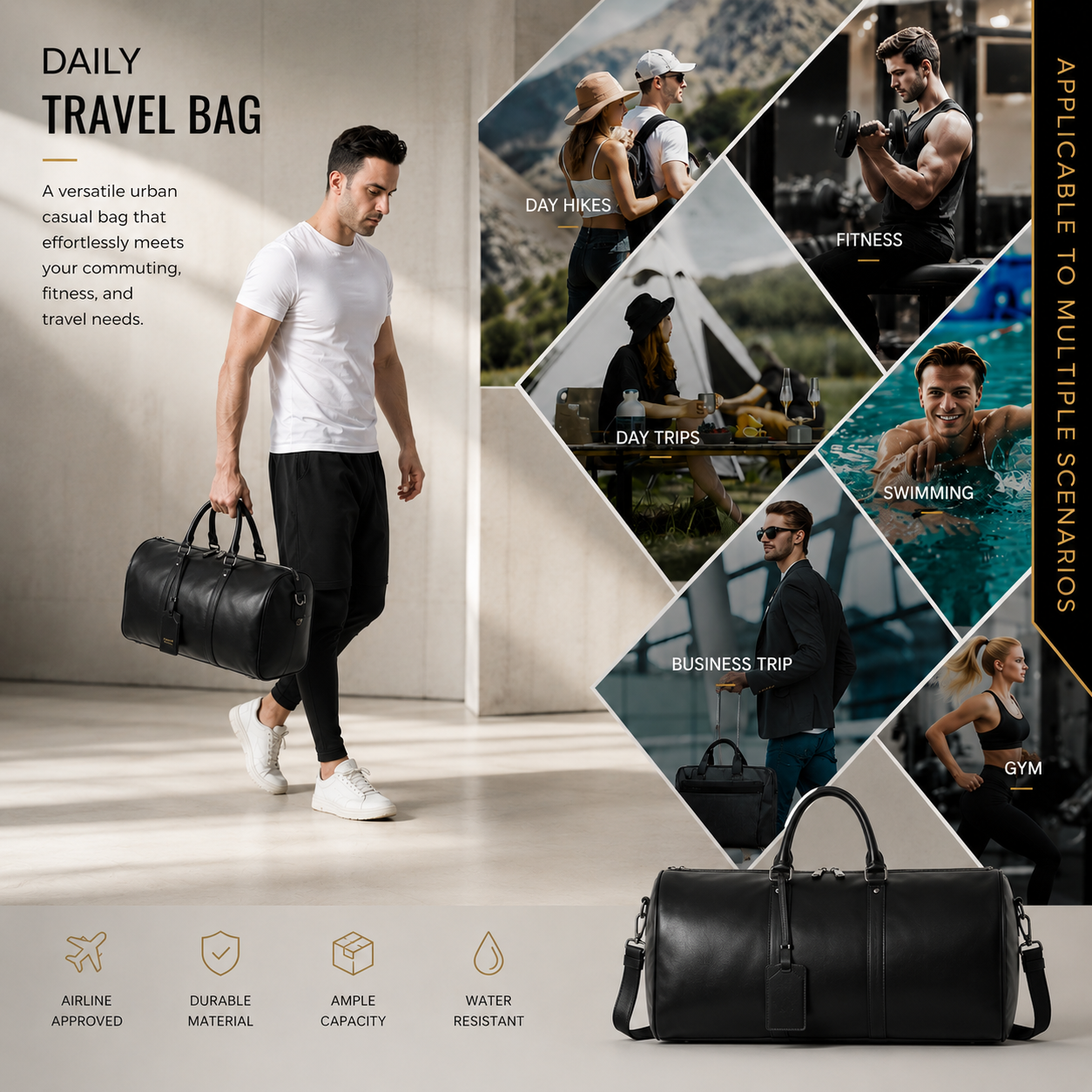 Kyudo Midnight Black Barrel Duffel Bag – Waterproof PU Leather Travel & Gym Bag