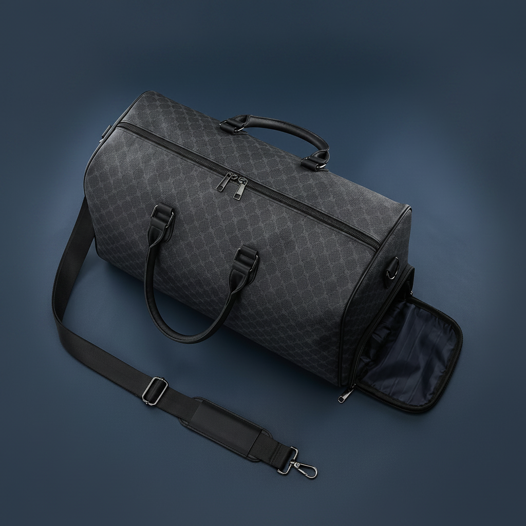 Kyudo Monogram Luxury Duffel Bag - front view with shoulder strap on dark navy background