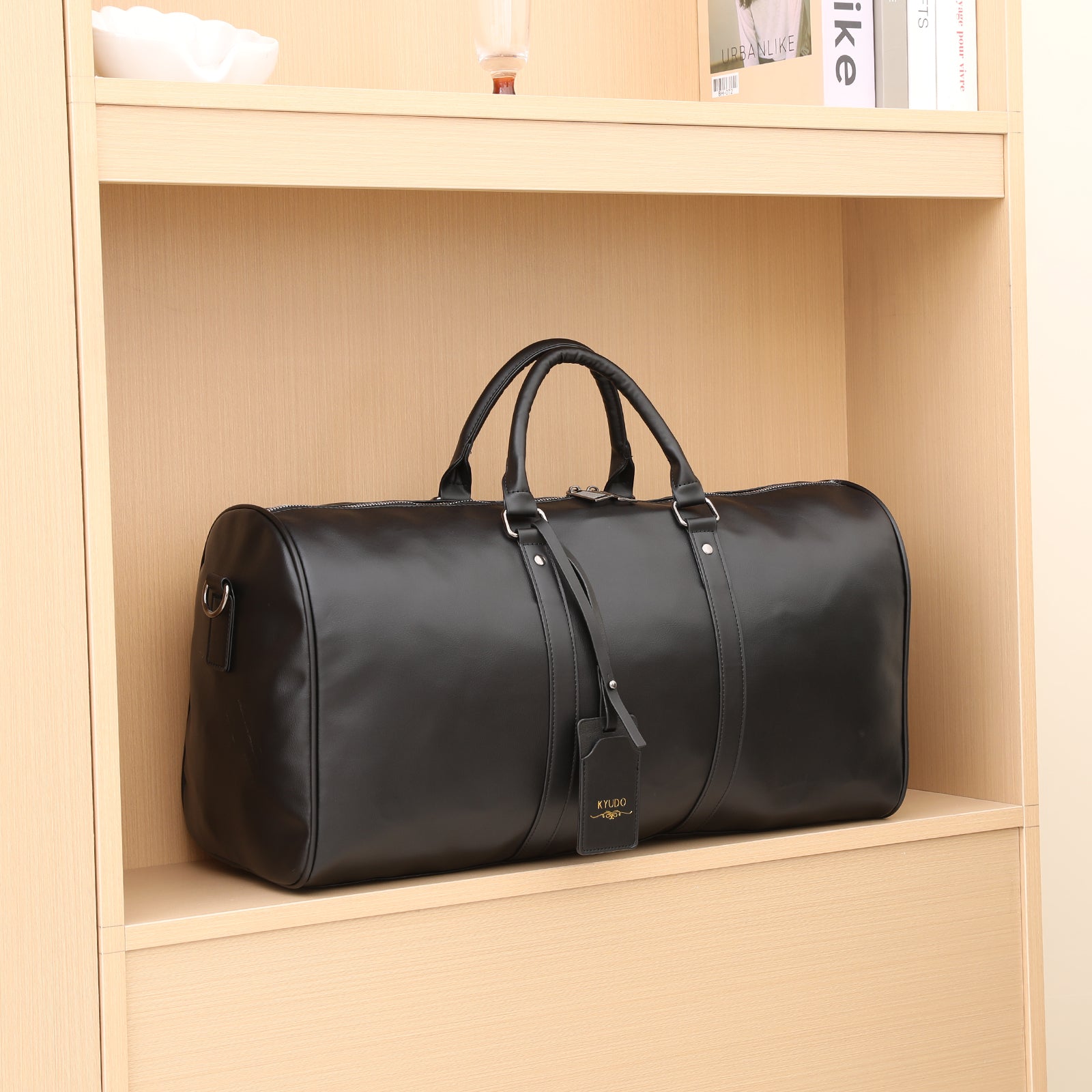 Kyudo Midnight Black Barrel Duffel Bag – Waterproof PU Leather Travel & Gym Bag