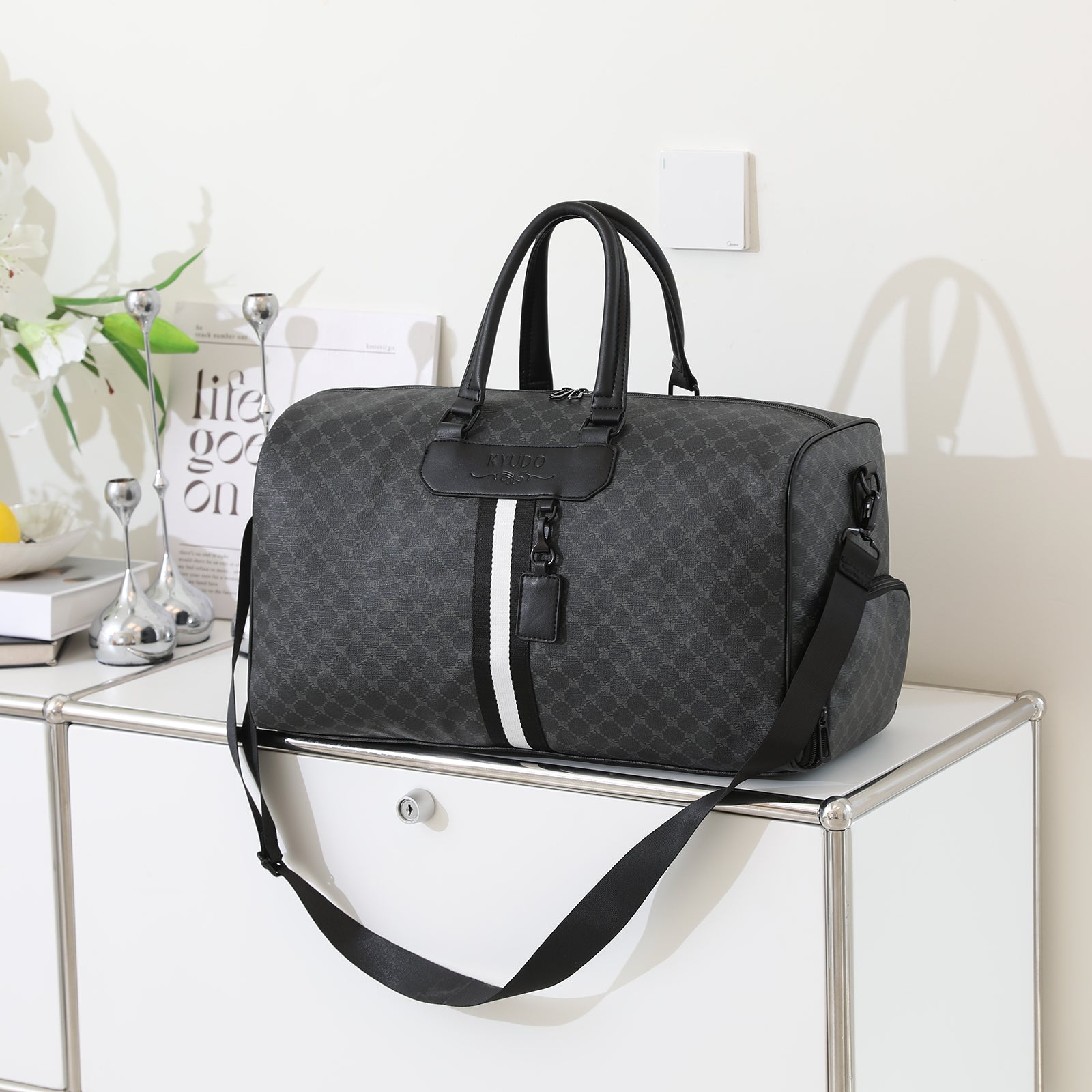 Kyudo Monogram Luxury Duffel Bag – PU Leather Travel Bag with Shoe Compartment
