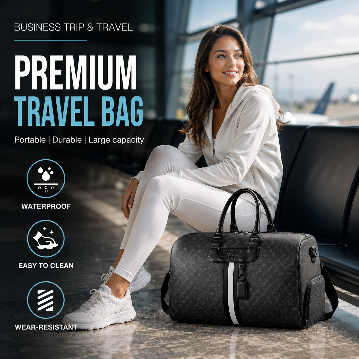 Kyudo Monogram Luxury Duffel Bag – PU Leather Travel Bag with Shoe Compartment