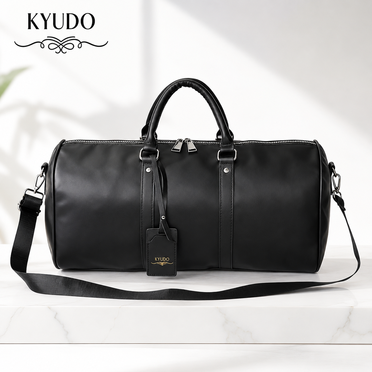 Kyudo Midnight Black Barrel Duffel Bag – Waterproof PU Leather Travel & Gym Bag