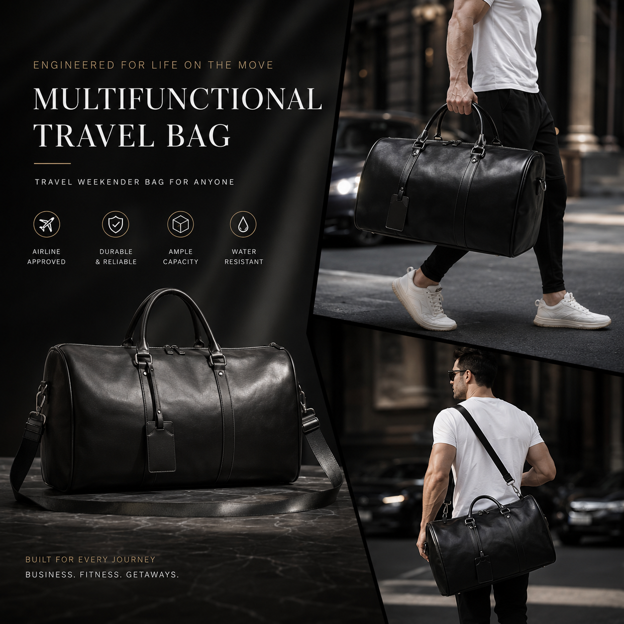 Kyudo Midnight Black Barrel Duffel Bag – Waterproof PU Leather Travel & Gym Bag