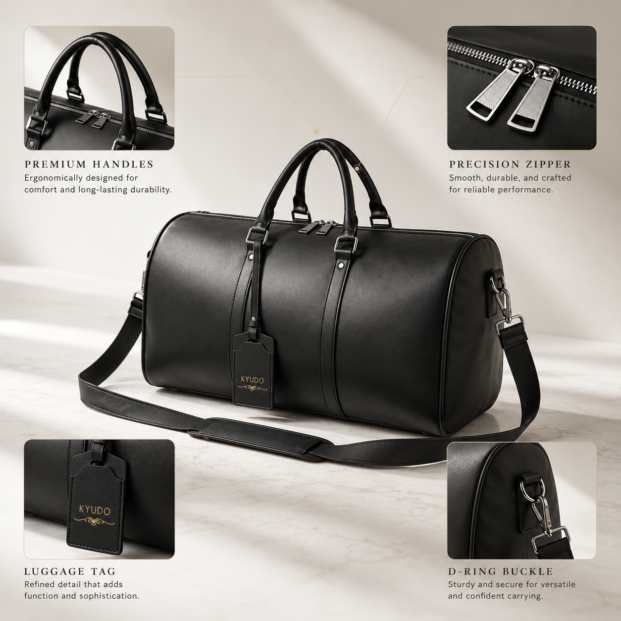 Kyudo Midnight Black Barrel Duffel Bag – Waterproof PU Leather Travel & Gym Bag
