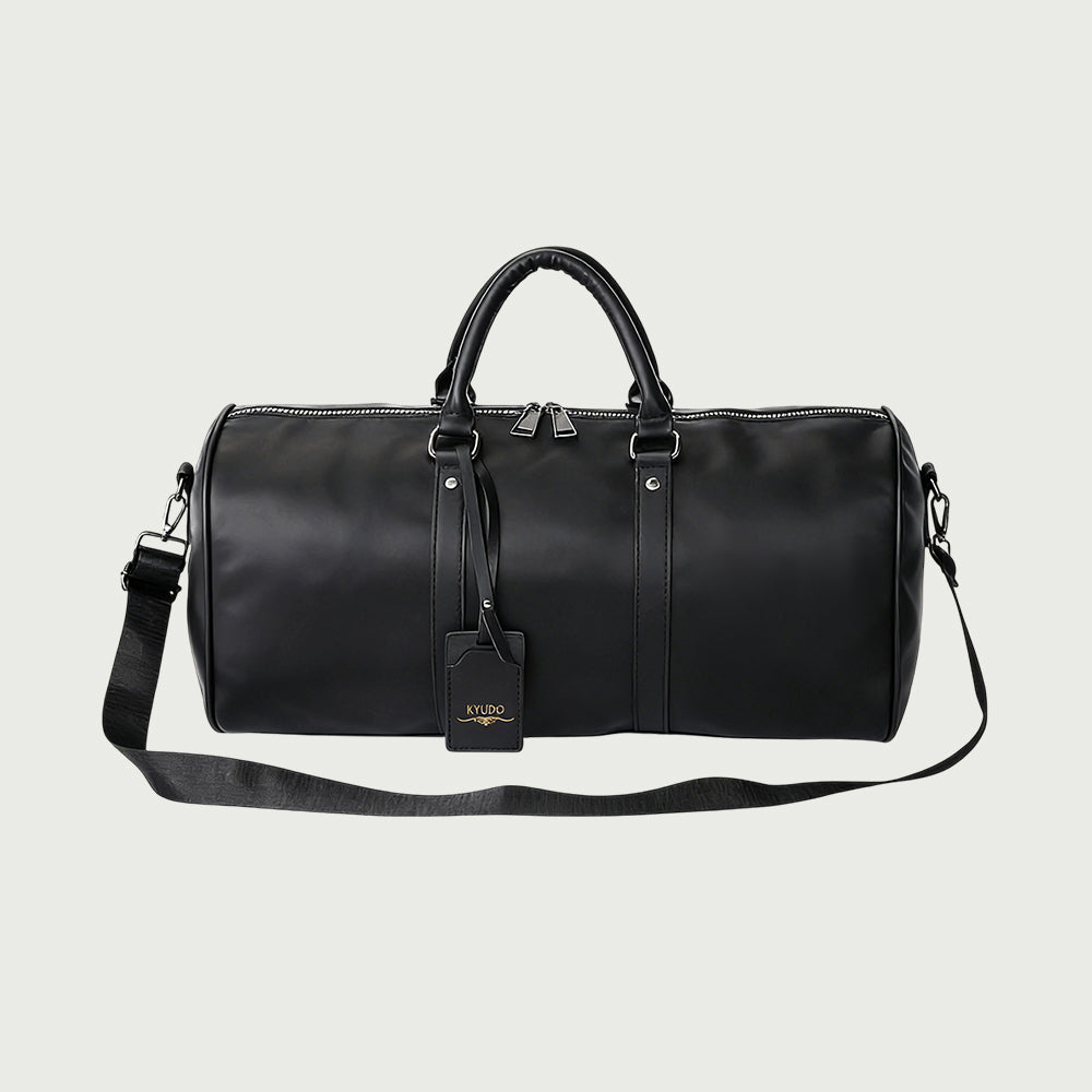 Kyudo Midnight Black Barrel Duffel Bag – Waterproof PU Leather Travel & Gym Bag